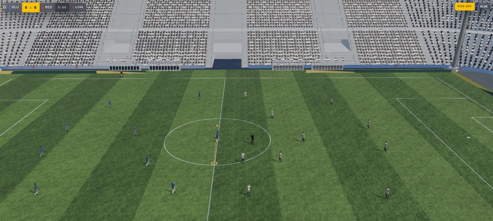 In-engine capture from Golverso: an aerial view of a live match with the score bug, the stands and the pitchside boards.