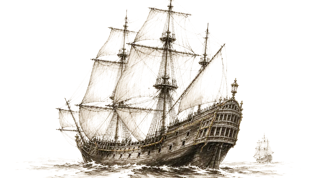 Ink drawing of a sixteenth-century galleon under full sail, a second ship on the horizon behind it.